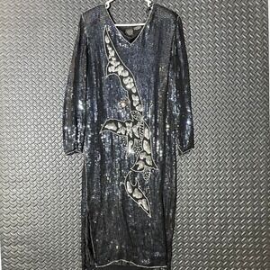Vintage‎ Jewel Queen Black Elegant Beaded Sequin Dress 100% Silk Women's Size M